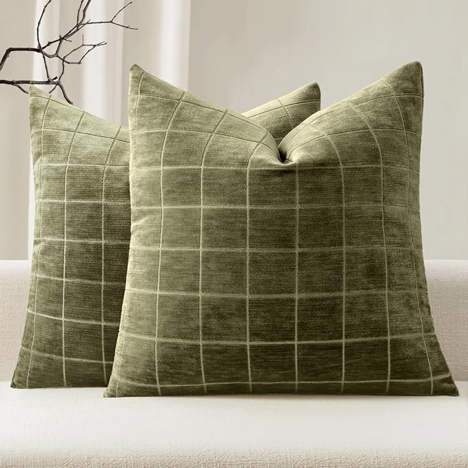 MIULEE Olive Green Plaid Decorative Throw Pillow Covers 18x18 Set of 2 | Vintage, Check Chenille Couch Pillows, Neutral Boho Farmhouse Cushion Covers, Modern Home Decor for Sofa Bed Living Room