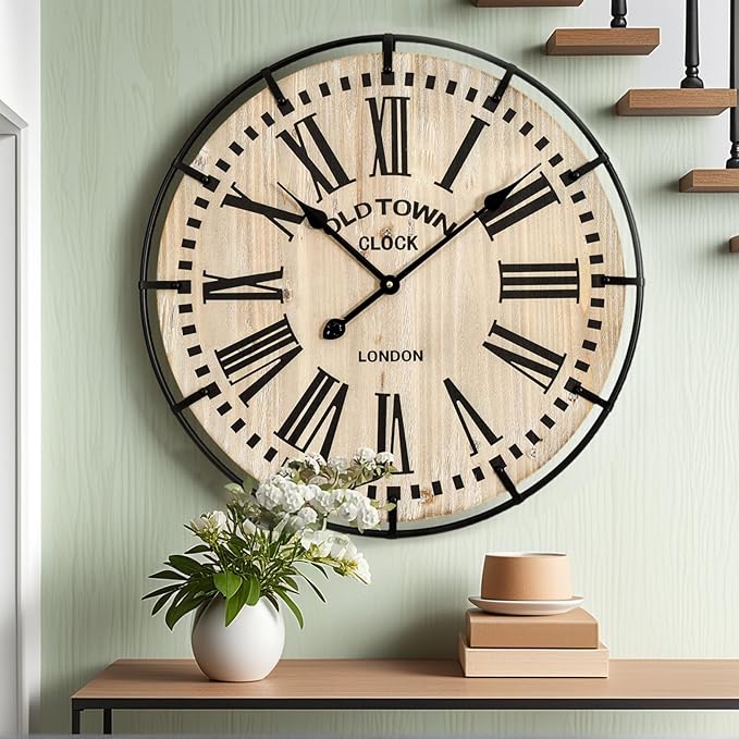 EMAX HOME Rustic Farmhouse Wall Clock 24 Inch, Vintage Oldtown London Wooden Large Clock with Silent Tick, for Bedroom, Office, Kitchen, Indoor Home Decoration