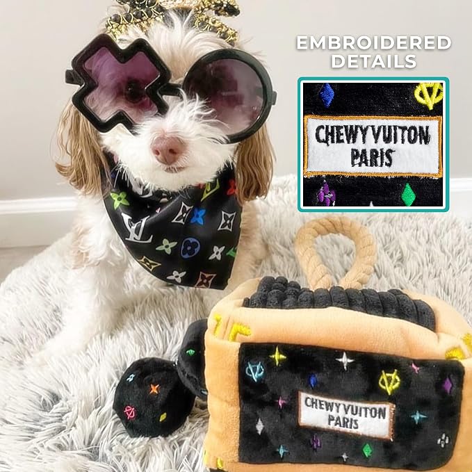 Haute Diggity Dog Chewy Vuiton Trunk Puzzle with 3 Plush Squeaky Dog Toys