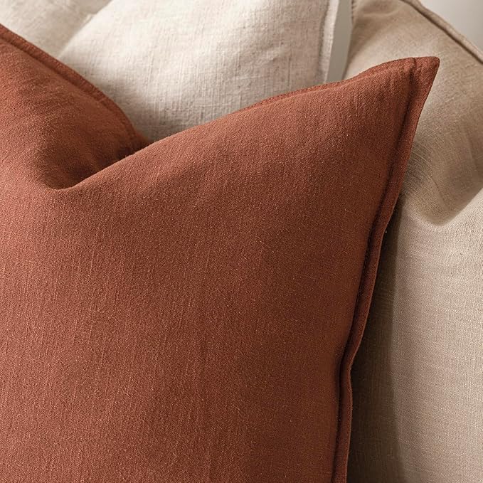 Foindtower Pack of 2, Decorative Linen Soild Throw Pillow Covers Soft Accent Cushion Case Farmhouse Neutral Pillowcase for Chair Couch Sofa Bedroom Living Room Home Decor 24 x 24 Inch Fall Rust Orange