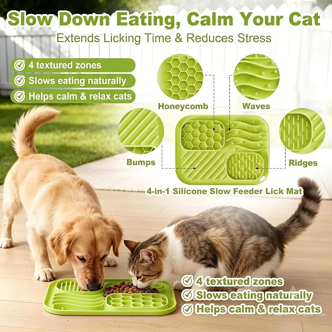 AZY 5-Piece Slow Feeder Cat Bowl Set with Strong Suction Cups | Silicone Lick Mat, Cat Treat Dispenser, Food Spoon & 2 Reusable Can Covers for Wet Food, Whisker-Friendly & Dishwasher Safe