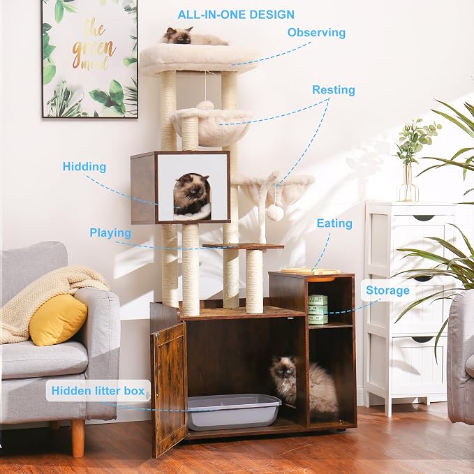 Hey-brother Cat Tree Tower, Wooden Litter Box Enclosure and Condo, MPJ115SR