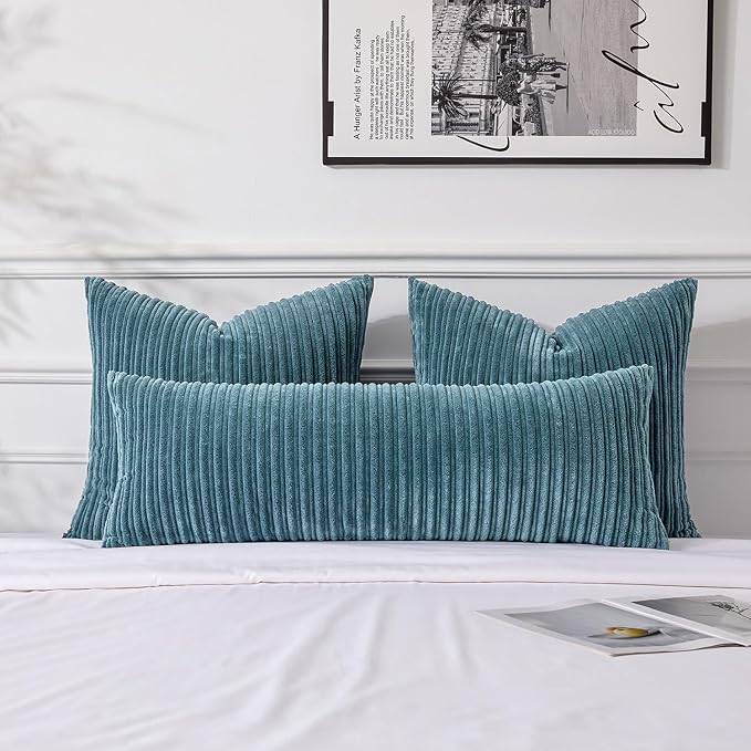 UGASA 14x36 Inch Pillow Cover Pack of 1 Soft Boho Stripe Corduroy Large Long Rectangle Lumbar Cushion Case Farmhouse Decorative Throw Pilowcase for Bed, Couch, Sofa, Bedroom, Living Room, Blue Grey