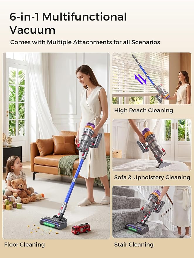 Cordless Stick Vacuum Cleaner, 600W 55Kpa 70Mins for Home, Pet Hair, Carpet | Self-Standing, Anti-Tangle Brush, Touch Screen, 6-in-1 Vacuum Cleaner, Green LED Dust Reveal, HEPA Filter, 1.5L Cup for Floor
