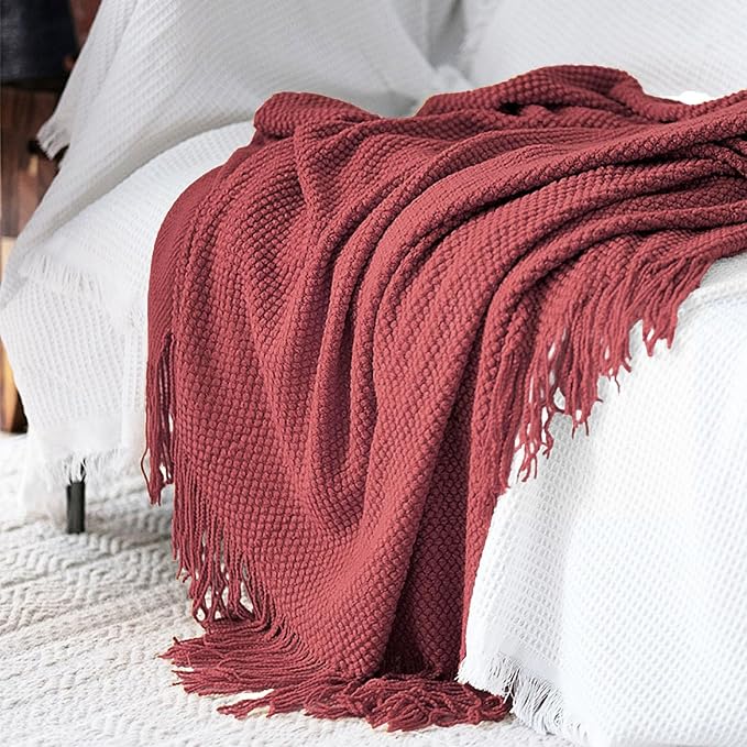 LOMAO Knitted Throw Blanket with Tassels Bubble Textured Soft Blanket Lightweight Throws for Couch Cover Home Decor (Red Mud, 50x60)
