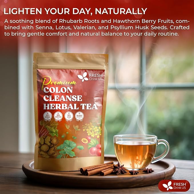 FreshDrinkUS, Premium Colon Cleanse Tea – 135 Tea Bags – Rhubarb Root & Hawthorn Berry with Senna, Lotus Leaf, Valerian Root & Psyllium Husk – Herbal Blend, Caffeine-Free. Vegan