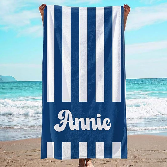 JML Personalized Beach Towel with Name, Custom Cabana Stripe Beach Towel, Customized Microfiber Pool Towel, Quick Dry & Absorbent Swim Towel for Adult,Mother's Day, Birthday, Summer Holiday,Vacation