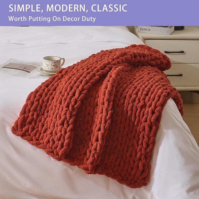 Bigacogo Chunky Knit Throw Blanket for Couch, 40x40 inches, Rust Red | Hand Knit with Jumbo Chenille, Soft Breathable Cable Knit for Sofa Bed Living Room, Machine Washable, Gift for Mom Friend