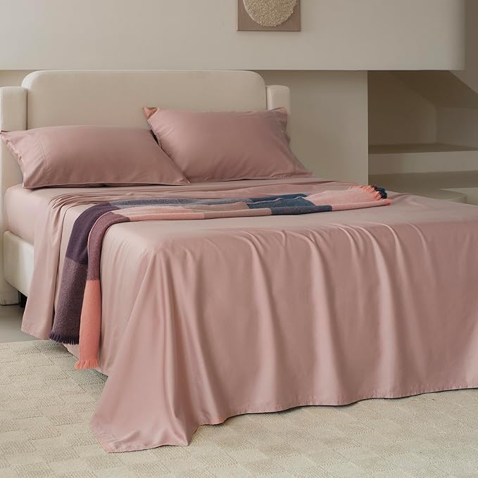 Double Stitch Cotton Tencel Sheet - Bed Sheets Set King Size, 4Pc Luxury Hotel Bedding Set, Soft, Cooling & Breathable for Hot Sleepers, Deep Pocket Up to 16 Inches, Dusty Mauve