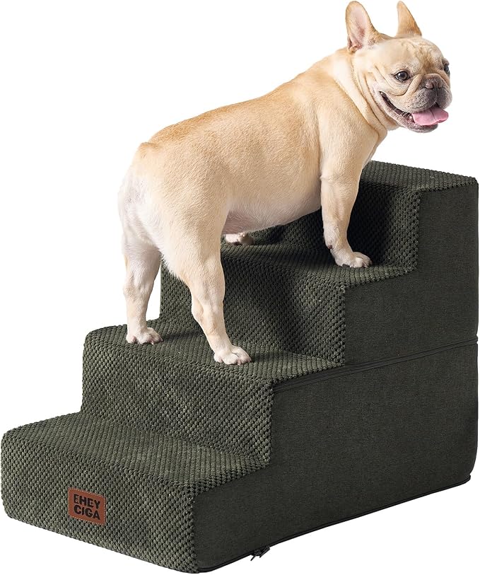 EHEYCIGA Dog Stairs for Bed 18" H, Dog 4-Steps for High Bed, Military Green | Pet Steps for Small Dogs and Cats, Non-Slip Balanced Pet Ramp Indoor