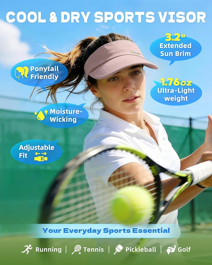 Sun Visor Hats for Women Men - Wide Brim Quick Dry Adjustable Hat | Upf 80+ Sun Protection Sport Hat, Cooling Sweatband; Breathable Quick-Dry Fabric Visors for Running, Tennis, Golf, Sports