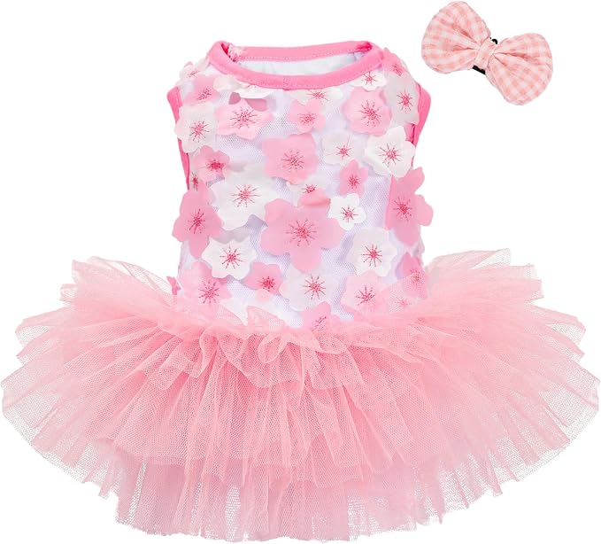 Dog Dresses for Small Dogs Girl, Fashion Small Dog Clothes for Girls, Teacup Chihuahua Toy Poodle Puppy Clothes and Bows, Summer Lightweight Sweet Princess Tutu with Dog Bowknot Clips, Pink