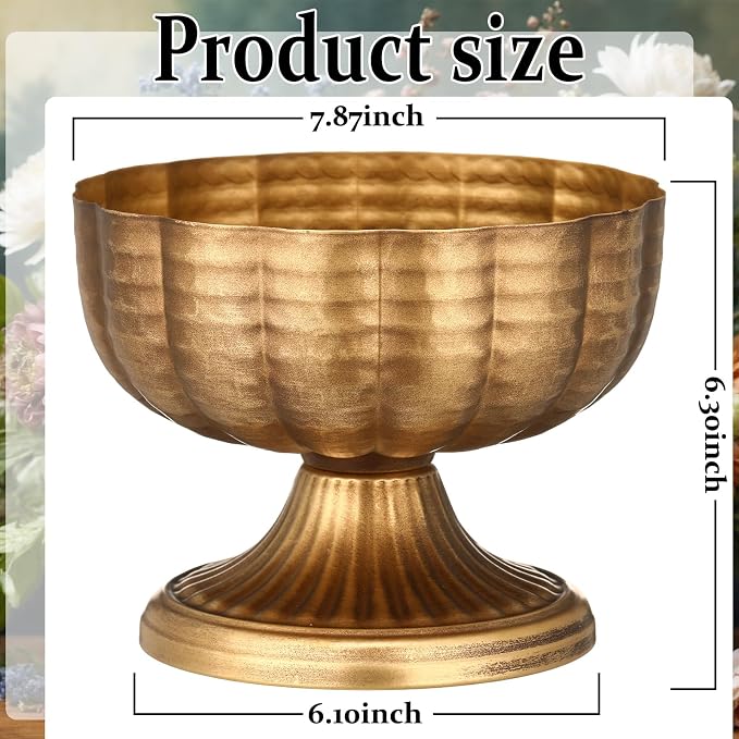2 Pcs Vintage Gold Compote Vase, 8" Wide Pedestal | Retro Pedestal Bowl for Wedding Centerpieces, Antique Urn Planter Style, Anniversary Parties, Indoor Outdoor Summer Events