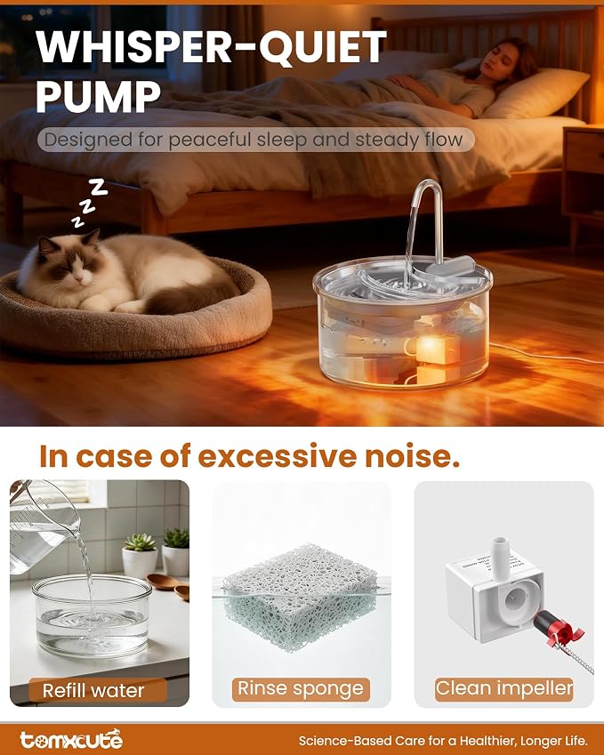 Tomxcute Glass Cat Water Fountain-84oz Dishwasher Safe Cat & Dog Fountain | Borosilicate Glass Bowl,Easy to Clean,Prevents Feline Acne,Ultra Quiet Pump,Warm Light,Gifts for Cats, Dogs