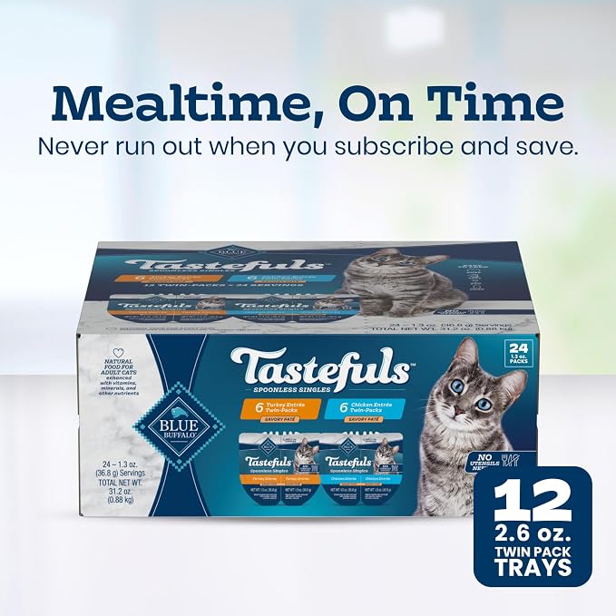 Blue Buffalo Tastefuls Variety Pack Spoonless Singles, 2.6 oz, 12 ct | Paté Spoonless Single Wet Cat Food Variety Pack, Cuts in Gravy, Chicken/Turkey Entrées (6 of Each), Twin-Pack Trays