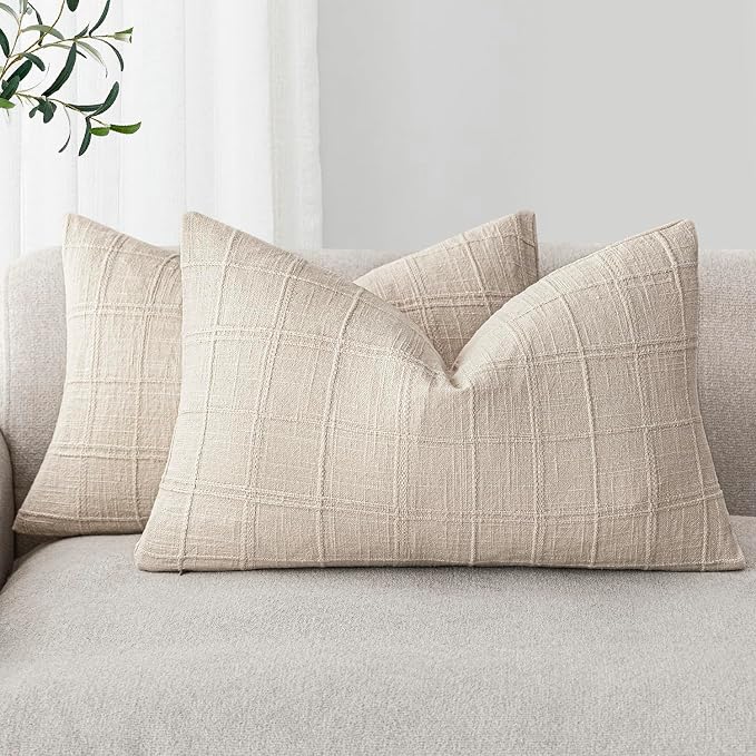 Foindtower Set of 2 Decorative Linen Check Throw Pillow Covers Neutral Farmhouse Lumbar Cushion Covers Modern Boho Home Decor for Sofa Chair Couch Bedroom Living Room,12×24 Inch,Natural Beige