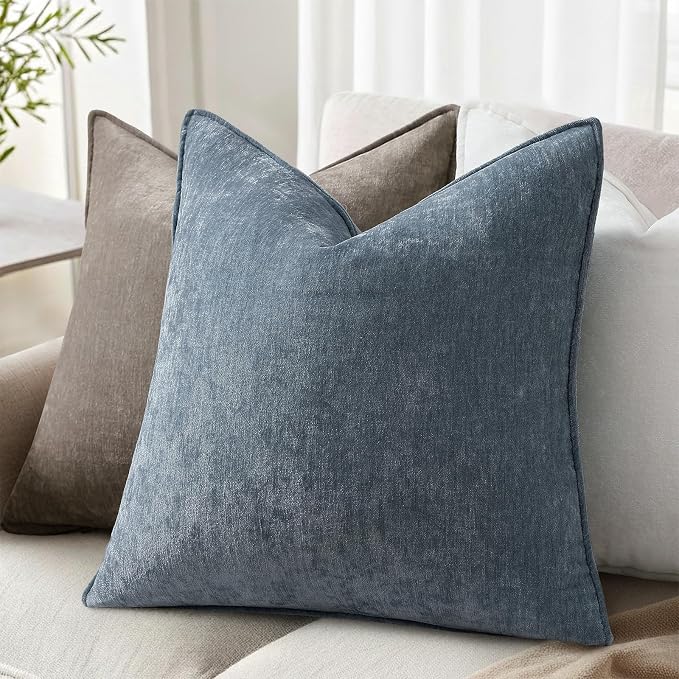 decorUhome Chenille Haze Blue Velvet Throw Pillow Covers 22x22 Set of 2 | Fall Soft Euro Sham Couch Decorative Modern Farmhouse Pillow Cases with Elegant Design for Sofa Bed Living Room Home Decor