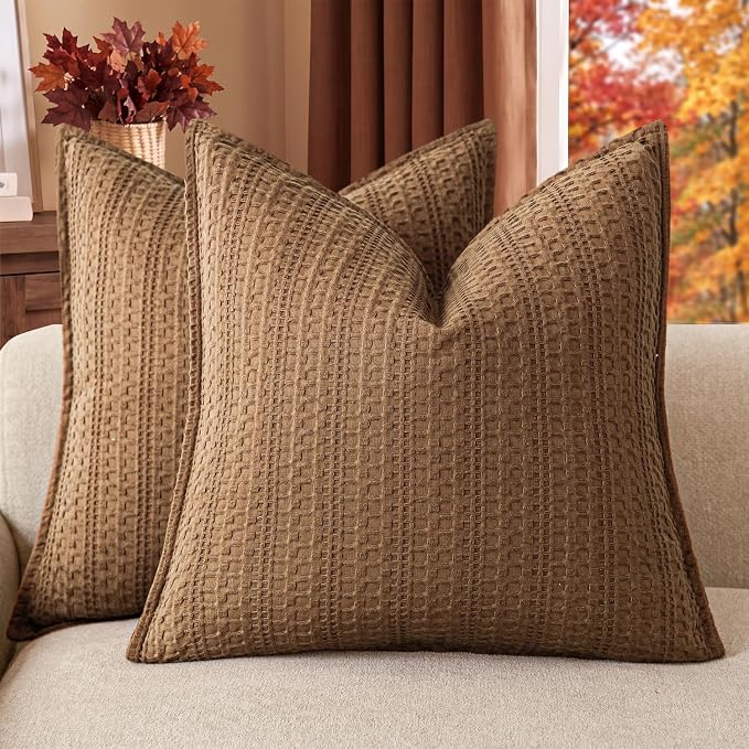 Foindtower Set of 2 Decorative Cotton Waffle Weave Throw Pillow Covers Euro Shams Cushion Covers Accent European Pillowcase for Bed Couch Sofa Bedroom Living Room Home Decor 18×18 Inch Orange Brown