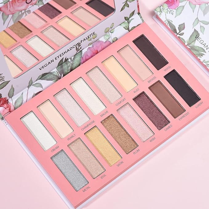 Vegan Brown Eyeshadow Palette with 16 Shades - High Pigment, Easy to Blend - Metallic & Shimmer Nude Shades - Long Lasting, Sweatproof & Waterproof