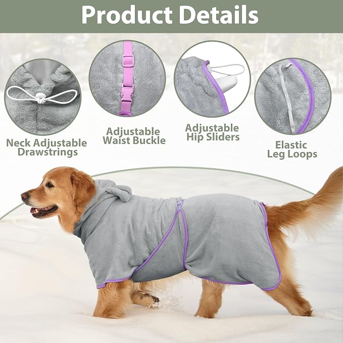 Dog Bathrobe Super Absorbent Towel Robe - Microfiber Bath Towels Fast Drying Coat for Dogs, Cute Dogs Clothes Adjustable Collar & Belly Strap Warm Keeping Hooded Dog Towel (Grey, Small)