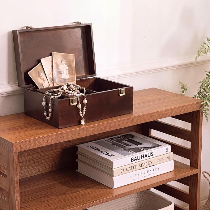 Sliner 1 Pcs Wooden Decorative Storage Boxes with Lids Vintage Wood Organizer Bins for Your Bookshelf Home Decor Safely Store Photos Documents Memory Jewelry Craft Storage (Dark Brown,M Size)