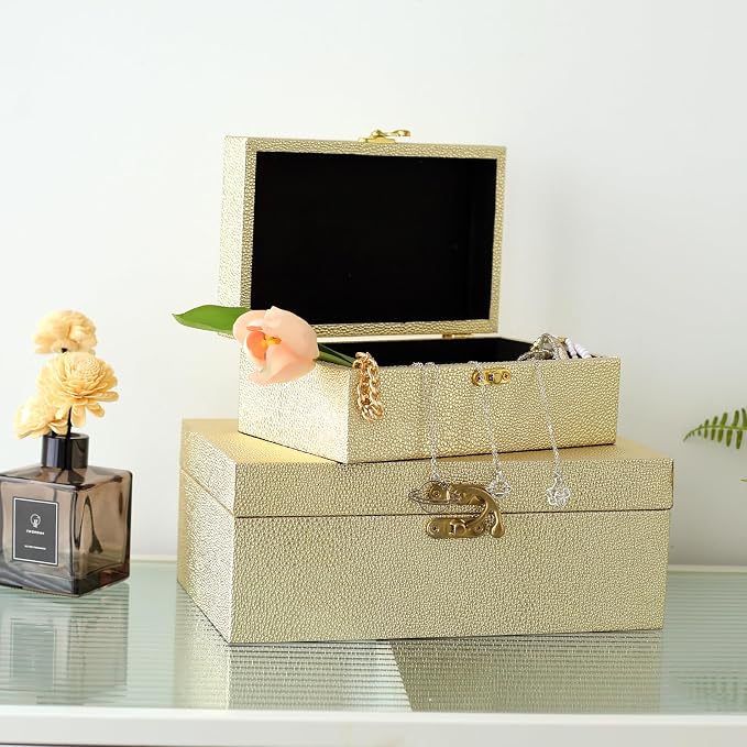 DECOR4SEASON Faux Leather Decorative Storage Boxes Set of 2, Gold | For Keeping Precious Keepsakes, Trinkets, Jewelry And Other Small Items Organized