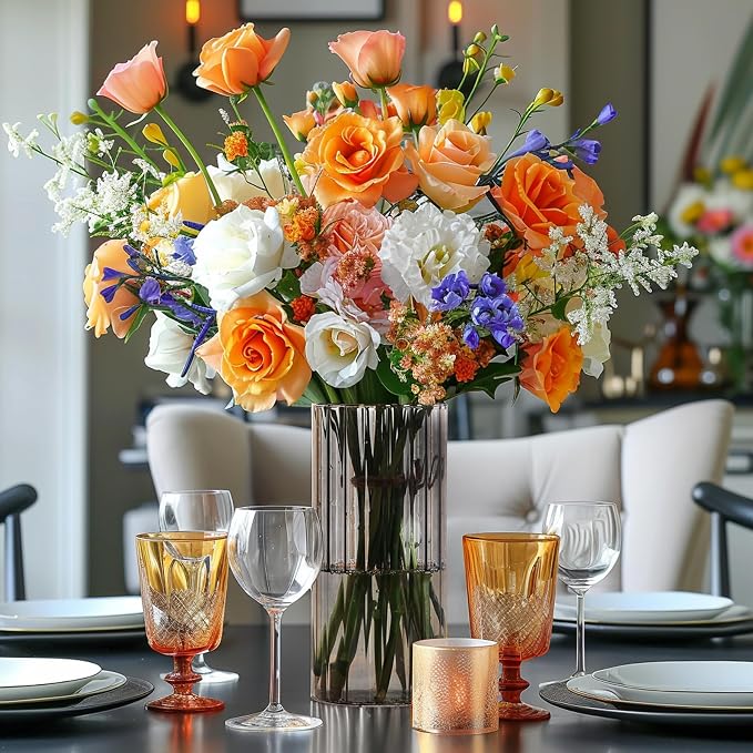 ComSaf Glass Cylinder Vase 8 Inch Tall, Grey Ribbed Decor for Centerpieces | Decorative Flower Vase, Hurricane Floating Candle Holder, Wedding Decor, Reception Table, Home Accent, Housewarming Gift