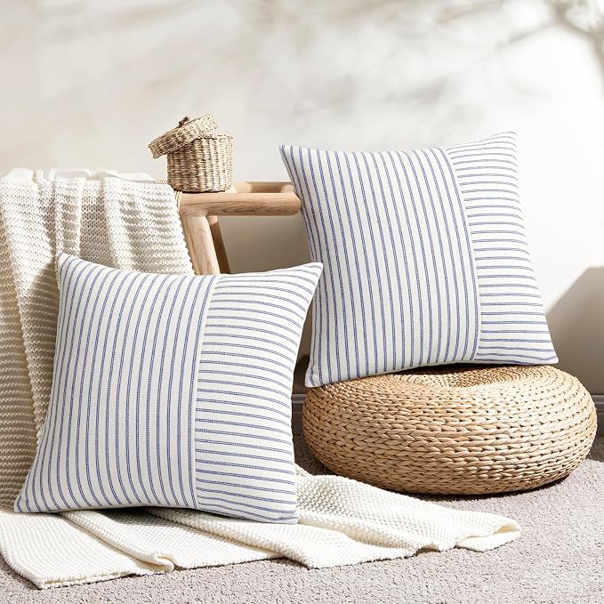 YCOLL Farmhouse Pillow Covers 16x16, Modern Accent Square Throw Pillow Covers Set of 2, Blue and Beige Striped Patchwork Linen Decorative Pillows Cushion Covers for Couch Chair Bedroom Home Decor