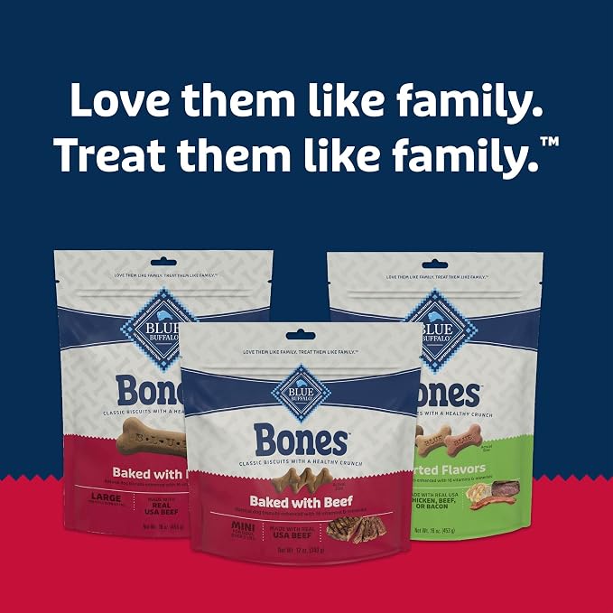 Blue Buffalo Bones Beef Mini Dog Biscuits, 12 oz, 4 ct | Real Beef First, Classic Bone-Shaped Biscuit, No BHA, Meat & Bone Meal, or Artificial Preservatives,