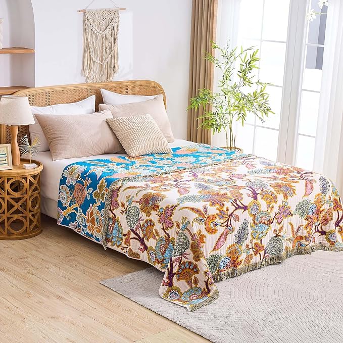 XIBLC Boho Throw Blanket for Bed, 100% Cotton Soft Rustic Quilt Fall Blanket, 60"x80" Floral Printed Farmhouse Decor Bed Blankets, All Season Rustic Reversible Bohemian Throw Quilt