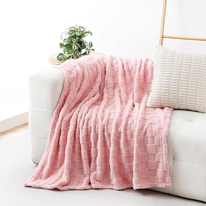 Light Pink Fleece Throw Blanket 50”×60”Checkered Design for Couch | Super Soft Cozy Plush Microfiber 3D Square Pattern Flannel Blanket for Sofa Bed Lightweight for Adults,Women