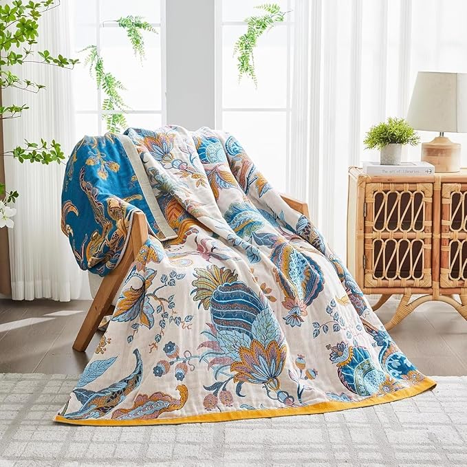 Boho Throw Blanket for Bed 100% Cotton Bohemian Blankets Ultra Soft Woven Muslin Decorative Blankets All Seasons Vintage Quilt Knitted Blanket for Sofa Chair(Beige, 80"x90")