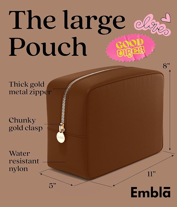 Embla Large Makeup Bag and Waterproof Nylon Travel Toiletry Bag, Large Capacity Cosmetic Zipper Pouch, Dark Brown