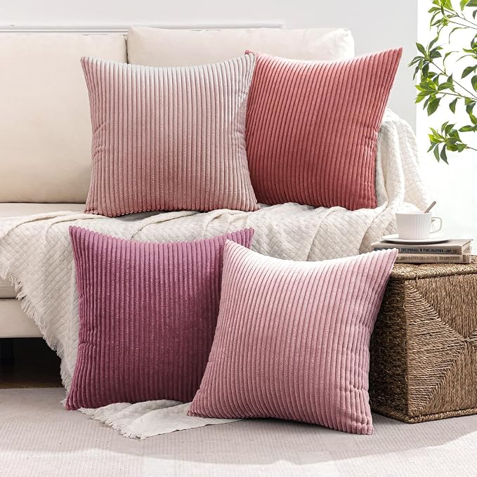 MIULEE Soft Corduroy Decorative Throw Pillow Covers Purple Pink 18x18 | Set of 4, Shabby Chic Romantic Decor, Pink Gradient Matching, Boho Farmhouse Cushion Covers for Couch Bed Sofa Living Room