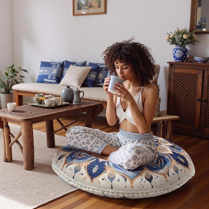 Meditation Cushion Set of 2, Round Floor Pillow Seating for Adults, Bohemian Mandala Yoga Cushion, 32" Extra Thick Memory Foam Removable Washable Cover, Ideal Gift Holiday Decor, Blue