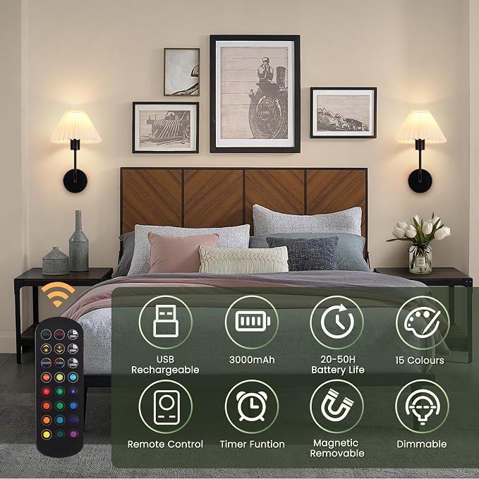 Rechargeable Battery Operated Wall Sconces Sets of 2, 15 Colors Wireless Wall Sconce, Black Wall Lights Fixture with Dimmable Bulbs and Remote, Not Hardwired Wall Mounted Lamps for Bedroom Living Room