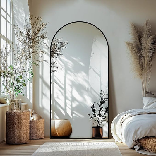 Arched Full Length Mirror with Stand, 70x35 Black Floor Mirror | Aluminium alloy frame with HD float glass for distortion-free reflection. Free standing or wall mounted.