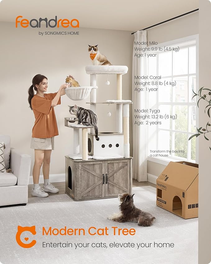 Feandrea Cat Tree, 66.9-Inch Cat Tower with Litter Box Enclosure, Large Condo with Food Station, Storage, Scratching Posts, Cave, Hammock, Washable Cushions, Heather Greige UPCT169K02 | Large Condo with Food Station, Storage, Scratching Posts, Cave, Ha...