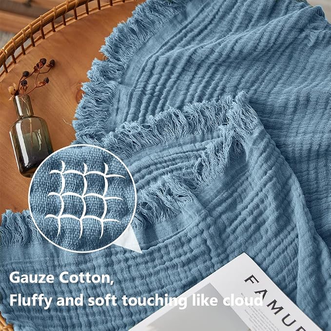 Simple&Opulence Cotton Muslin Throw Blanket for Bed, Couch, Knit Woven Gauze Blanket with Tassels, Soft Lightweight Cozy Pre-Washed Breathable Farmhouse Decoration for All-Season (Dusty Blue)