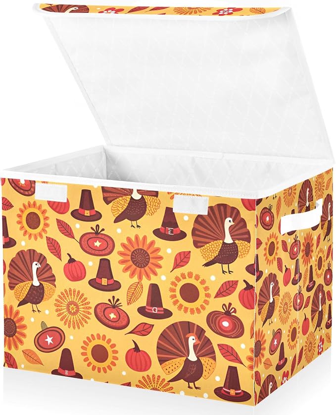 Thanksgiving Sunflower Turkey Storage Bins with Lids and Carrying Handle,Foldable Storage Boxes Organizer Containers Baskets Cube with Cover for Home Bedroom Closet Office