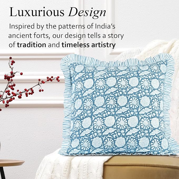 CPC Blue Meadow Hand Block Print 100% Cotton Ruffle Throw Pillow Cover 18x18 inch with Hidden Zipper Decorative for Couch, Bed, Sofa, Farmhouse, Cottagecore Decor Gift Christmas Fall Thanksgiving