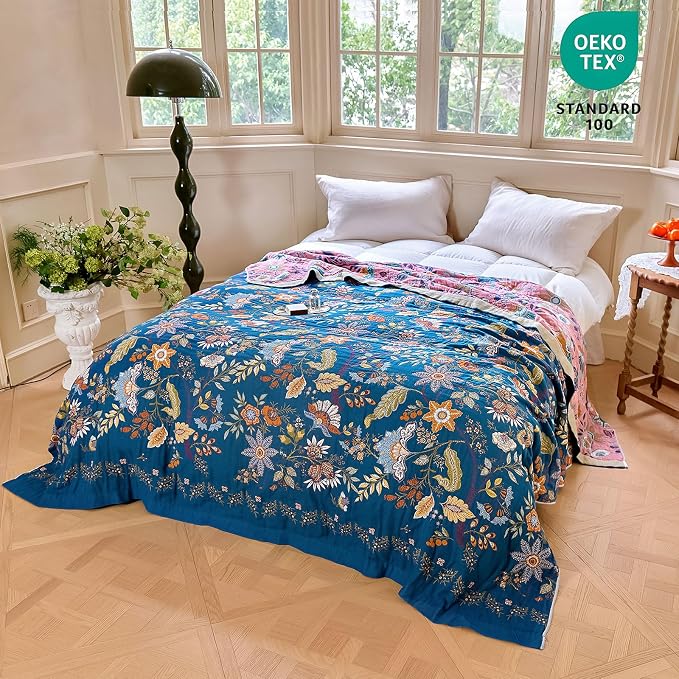 MSGKV Boho Throw Blanket 50"x60" Summer Cotton Blue Floral Throw for Couch | Muslin Throw, Blue Floral Pattern, Reversible Woven, Lightweight Comfort, Farmhouse Decor, All Seasons, Machine Washable