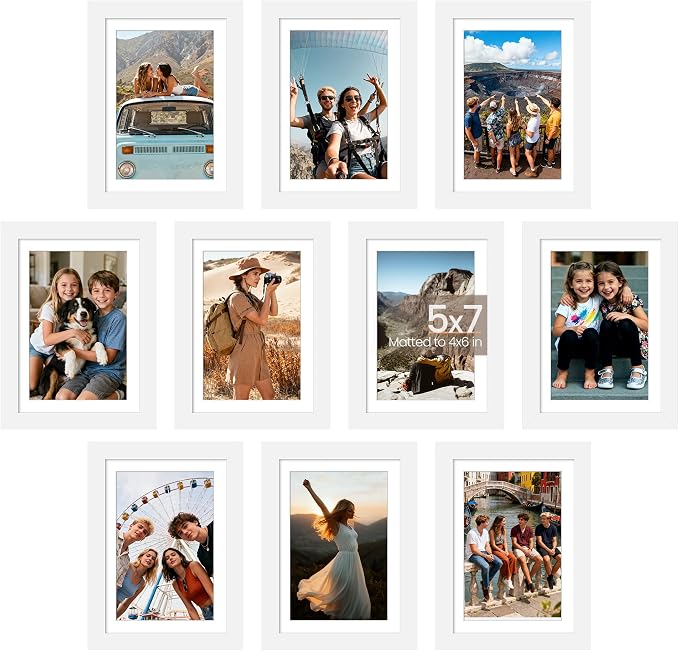 upsimples 5x7 Picture Frame Set of 10, Display Pictures 4x6 with Mat or 5x7 Without, Multi Photo Frames Collage for Wall or Tabletop Display, White | Fit 4x6 and 5 x 7 Photos, Wall or Tabletop Display, For Gallery Hallway Living Room, For Christmas Mot...