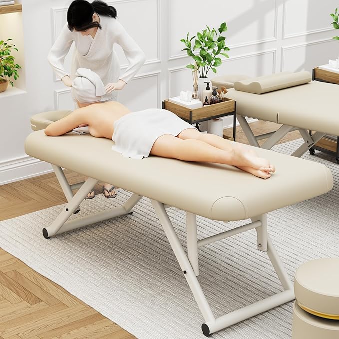 Heavy Duty Stationary Massage Table - Adjustable Massage Table With Adjustable Height & Fixed Backrest, Treatment Tables With PU Leather, C-Shaped Pillow and Sturdy Metal Frame Support Up to 1000LBS