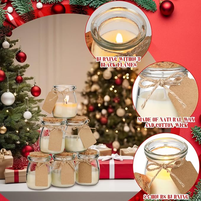 MTLEE 24 Pcs Christmas Jar Candles Scented Holiday Candle Gifts Natural Wax Jar with DIY Tag Cards for Xmas Gift Party Favors Home Decor, Scents of Christmas Tree/Cookies/EVE/Spice