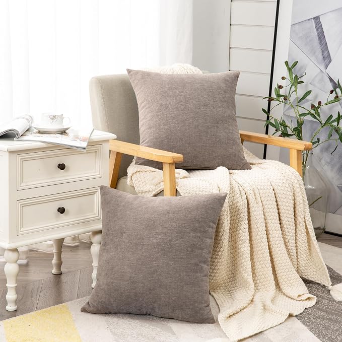 GAWAMAY Decorative Chenille Throw Pillow Covers 24x24 Inch Pack of 2, Soft Square Couch Pillow Cover for Sofa Cushion Living Room Bedroom Pillowcases Taupe Grey 60x60cm (ONLY Covers)