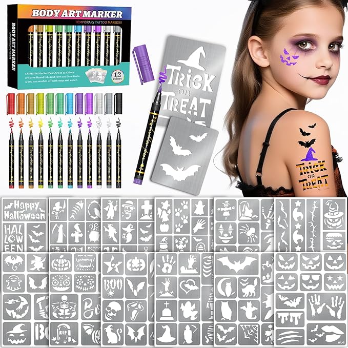 Temporary Tattoo Markers for Skin, 12 Metal Body Markers + 169 Tattoo Stencils for Kids Adults, Flexible Brush Tip, Bright Colors, Cosmetic-Grade Tattoo Ink, Halloween Costume Party Face Makeup