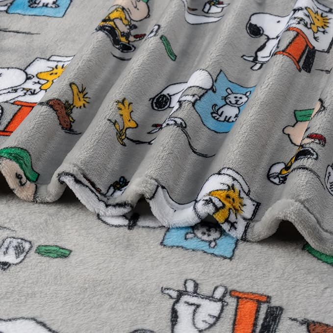 Berkshire Blanket Peanuts® VelvetLoft® Cute Character Snoopy Plush Oversized Throw Blanket, Peanuts Snoopy's Art Class Grey (50in x 60in)