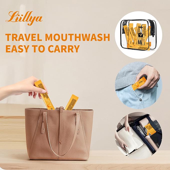 Liillya Mouthwash Travel Size, Individual Mini Mouthwash Alcohol Free, Orange Mint for Fresh Breath, Oral Care, Teeth & Gum Health, TSA Compliant, Portable Packets to Go, 0.41 Fl Oz x 20 Packs