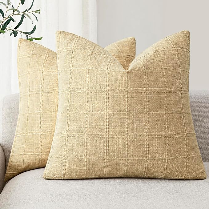 Foindtower Set of 2 Decorative Linen Check Throw Pillow Covers Neutral Farmhouse Vintage Cushion Covers Modern Boho Accent Home Decor for Sofa Chair Couch Bedroom Living Room,24×24 Inch,Light Yellow